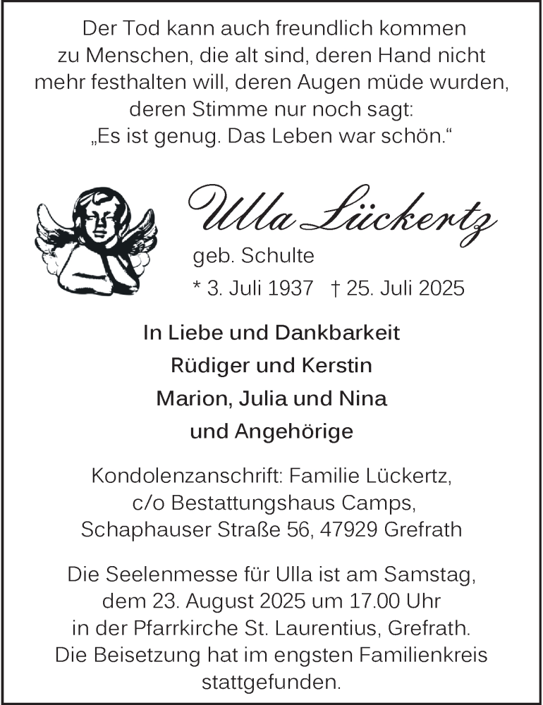  Traueranzeige für Ulla Lückertz vom 16.08.2025 aus Rheinische Post