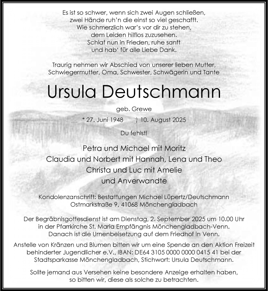  Traueranzeige für Ursula Deutschmann vom 16.08.2025 aus Rheinische Post