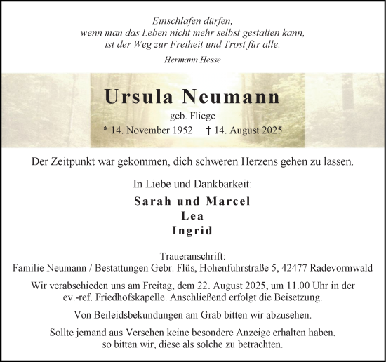 Traueranzeige von Ursula Neumann von Rheinische Post