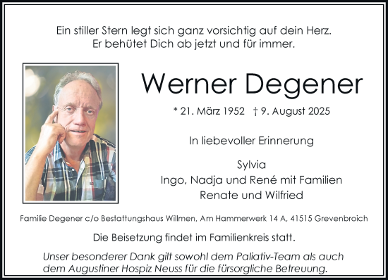 Traueranzeige von Werner Degener von Rheinische Post