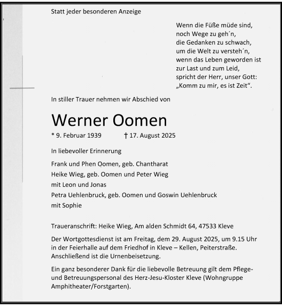 Traueranzeige von Werner Oomen von Rheinische Post