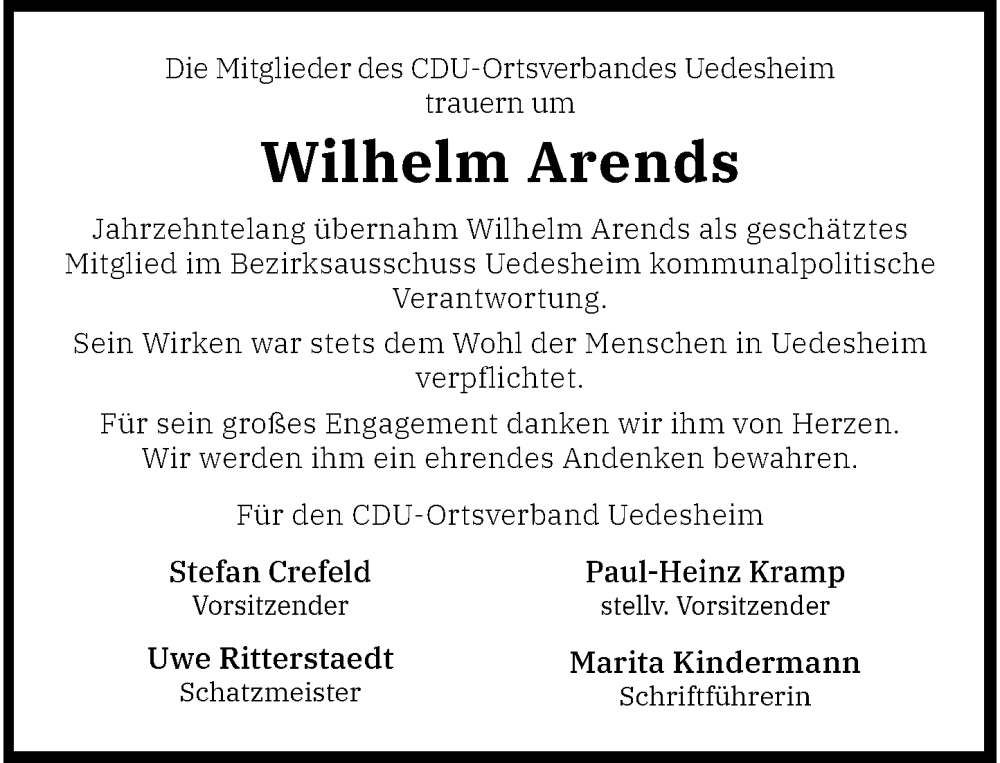  Traueranzeige für Wilhelm Arends vom 30.08.2025 aus Rheinische Post