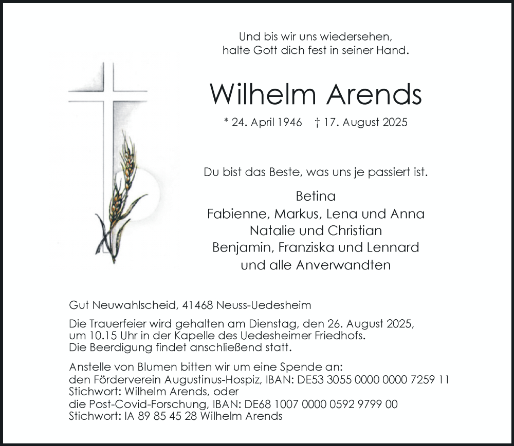  Traueranzeige für Wilhelm Arends vom 23.08.2025 aus Rheinische Post