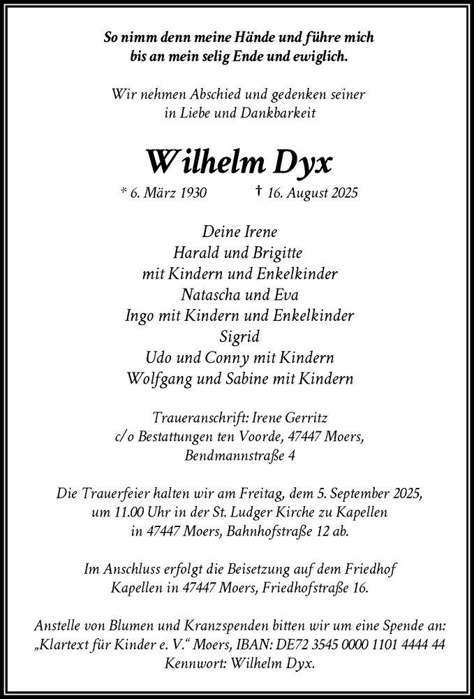  Traueranzeige für Wilhelm Dyx vom 30.08.2025 aus Rheinische Post