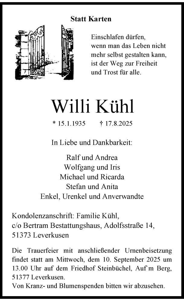  Traueranzeige für Willi Kühl vom 30.08.2025 aus Rheinische Post
