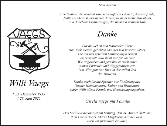 Traueranzeige von Willi Vaegs von Rheinische Post