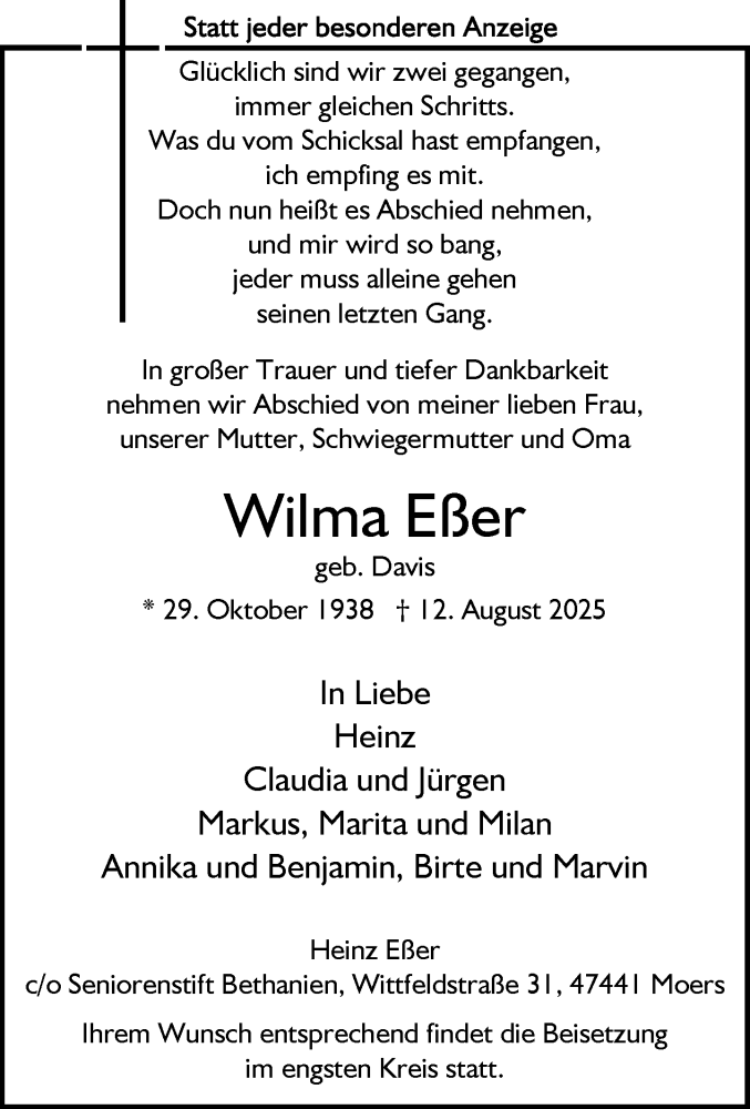  Traueranzeige für Wilma Eßer vom 23.08.2025 aus Rheinische Post