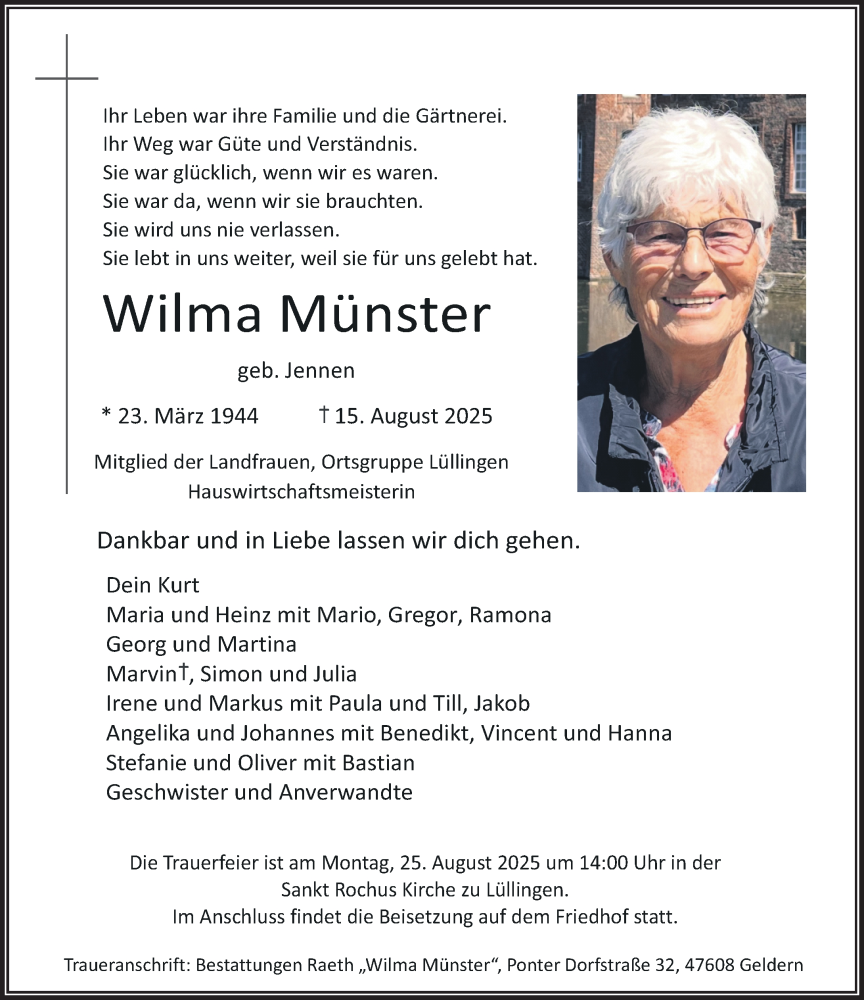  Traueranzeige für Wilma Münster vom 19.08.2025 aus Rheinische Post