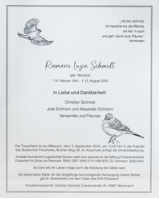 Traueranzeige von Rosmarie Luzia Schmidt von Rheinische Post