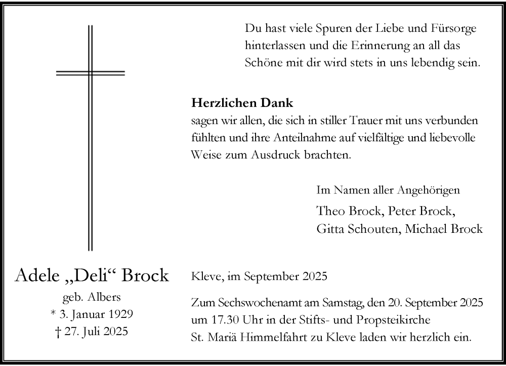  Traueranzeige für Adele Brock vom 06.09.2025 aus Rheinische Post