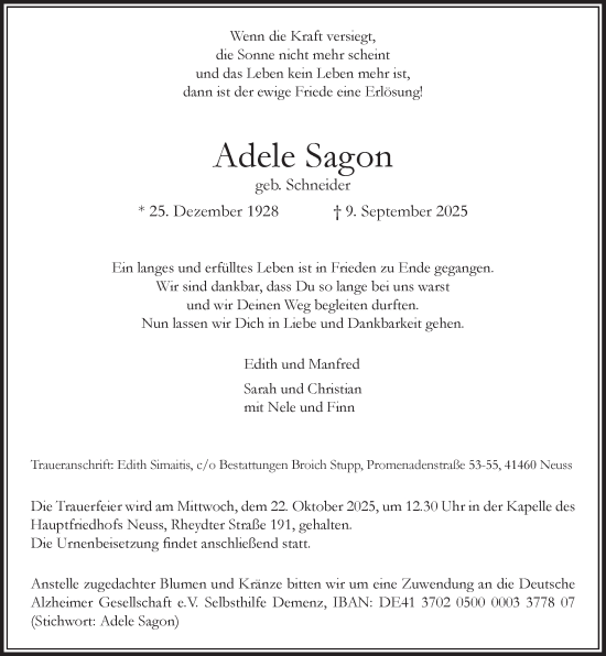 Traueranzeige von Adele Sagon von Rheinische Post