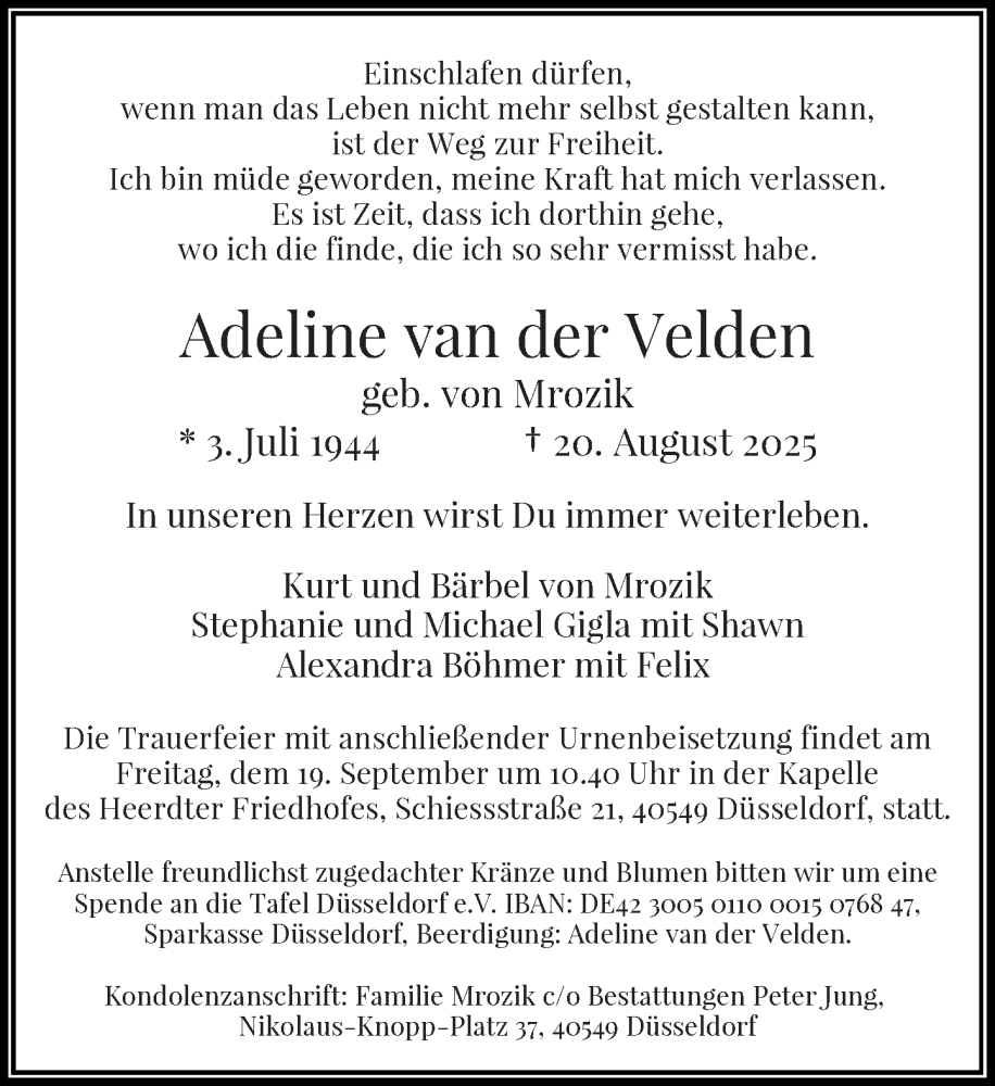  Traueranzeige für Adeline van der Velden vom 06.09.2025 aus Rheinische Post