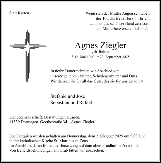 Traueranzeige von Agnes Ziegler von Rheinische Post