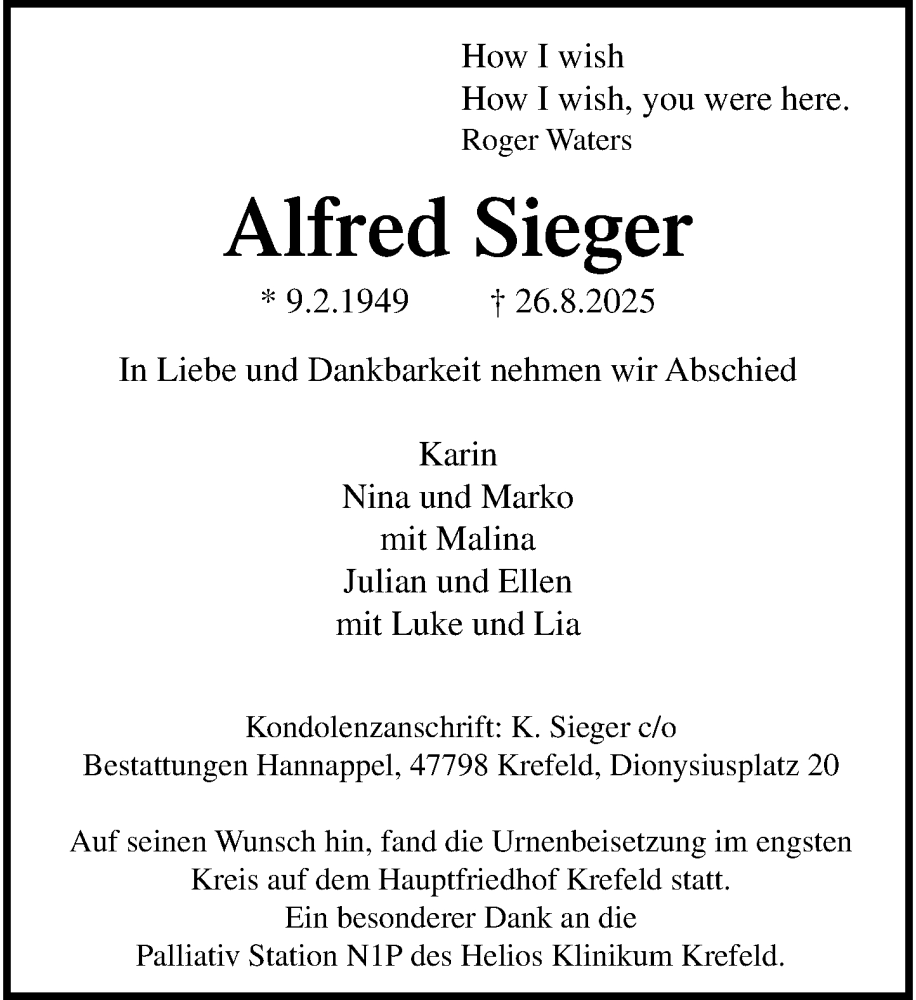  Traueranzeige für Alfred Sieger vom 27.09.2025 aus Rheinische Post