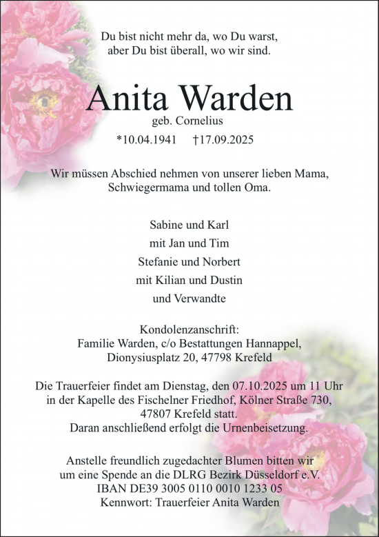 Traueranzeige von Anita Warden von Rheinische Post