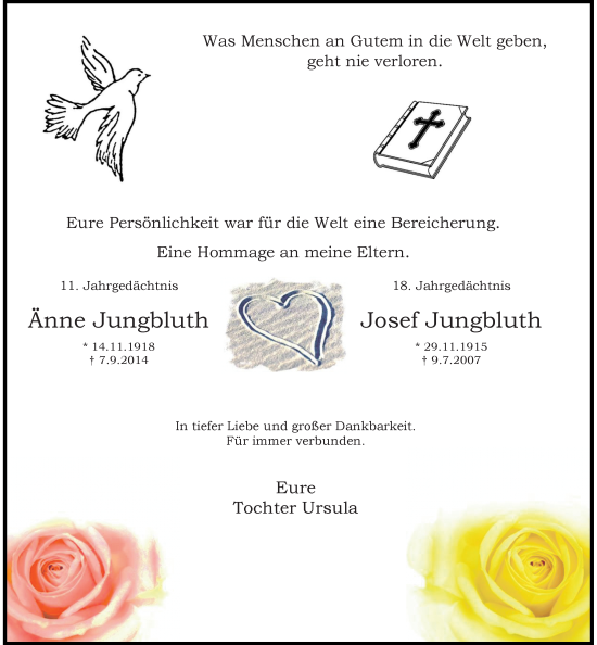 Traueranzeige von Anne und Josef Jungbluth von Rheinische Post