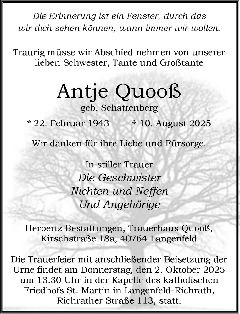  Traueranzeige für Antje Quooß vom 20.09.2025 aus Rheinische Post