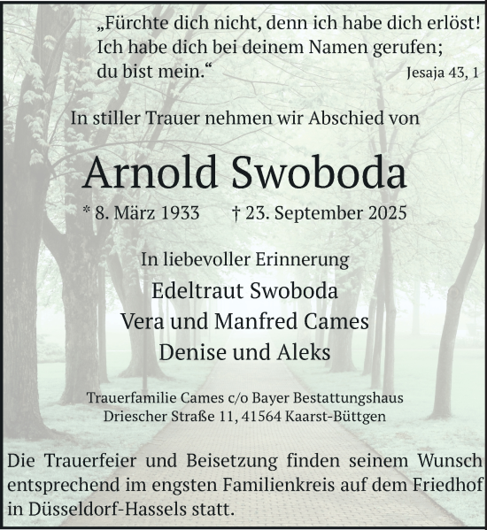 Traueranzeige von Arnold Swoboda von Rheinische Post