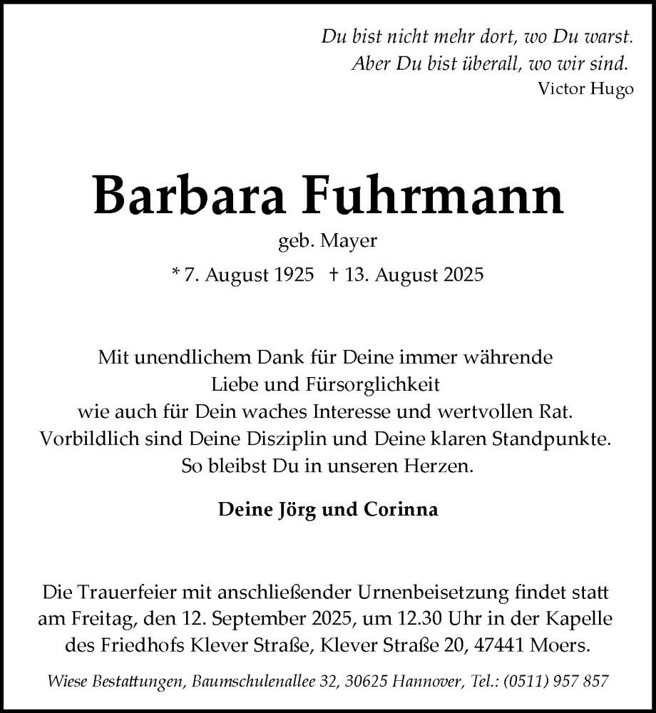  Traueranzeige für Barbara Fuhrmann vom 06.09.2025 aus Rheinische Post