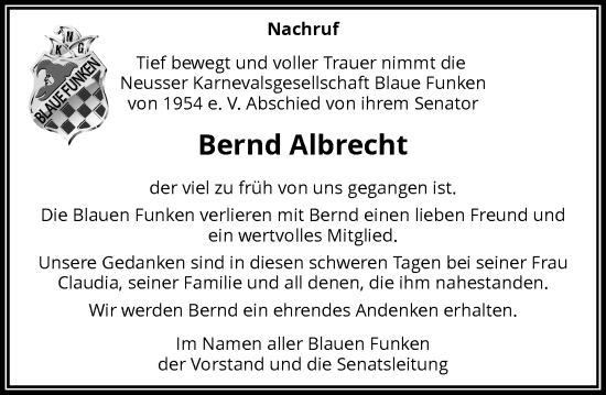 Traueranzeige von Bernd Albrecht von Rheinische Post