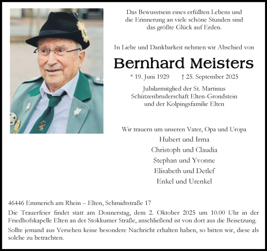Traueranzeige von Bernhard Meisters von Rheinische Post