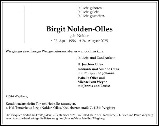 Traueranzeige von Birgit Nolden-Olles von Rheinische Post