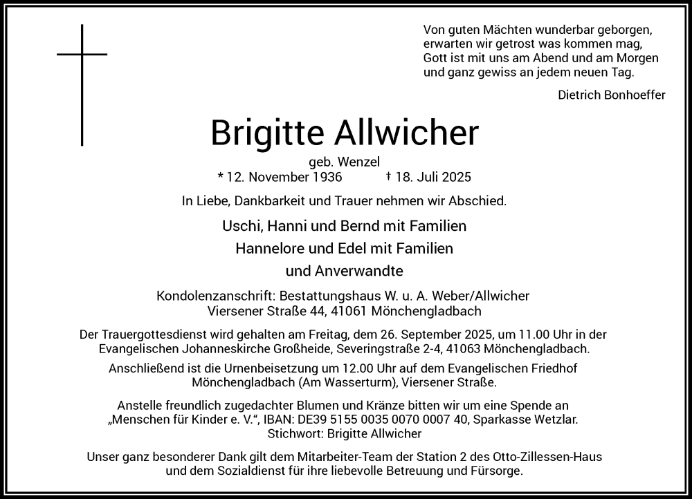  Traueranzeige für Brigitte Allwicher vom 20.09.2025 aus Rheinische Post