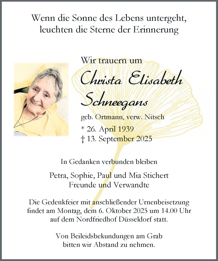  Traueranzeige für Christa Elisabeth Schneegans vom 27.09.2025 aus Rheinische Post
