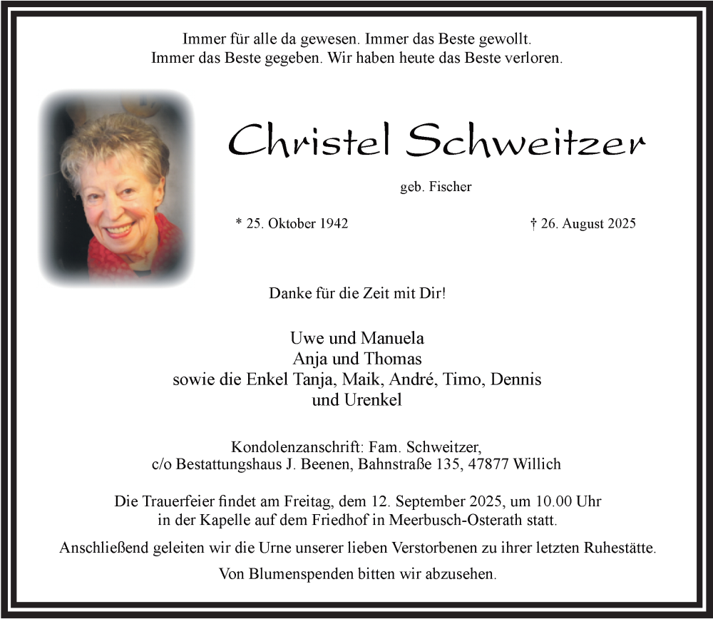  Traueranzeige für Christel Schweitzer vom 06.09.2025 aus Rheinische Post