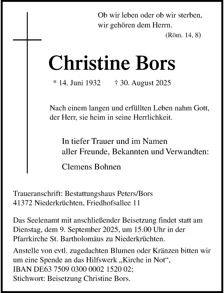  Traueranzeige für Christine Bors vom 06.09.2025 aus Rheinische Post