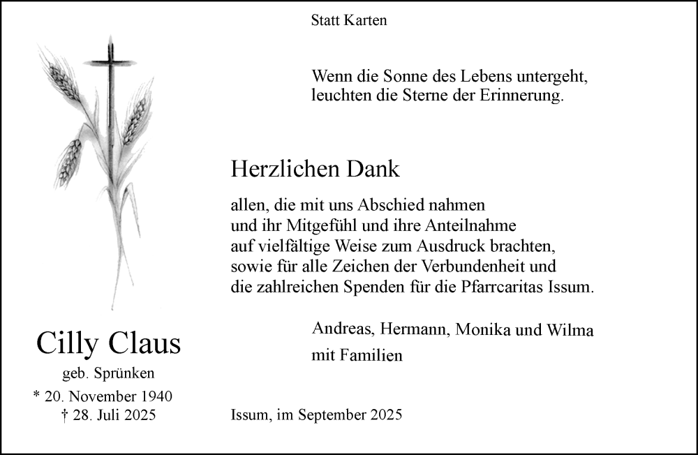  Traueranzeige für Cilly Claus vom 13.09.2025 aus Rheinische Post