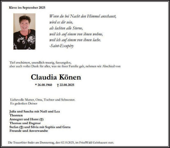 Traueranzeige von Claudia Könen von Rheinische Post