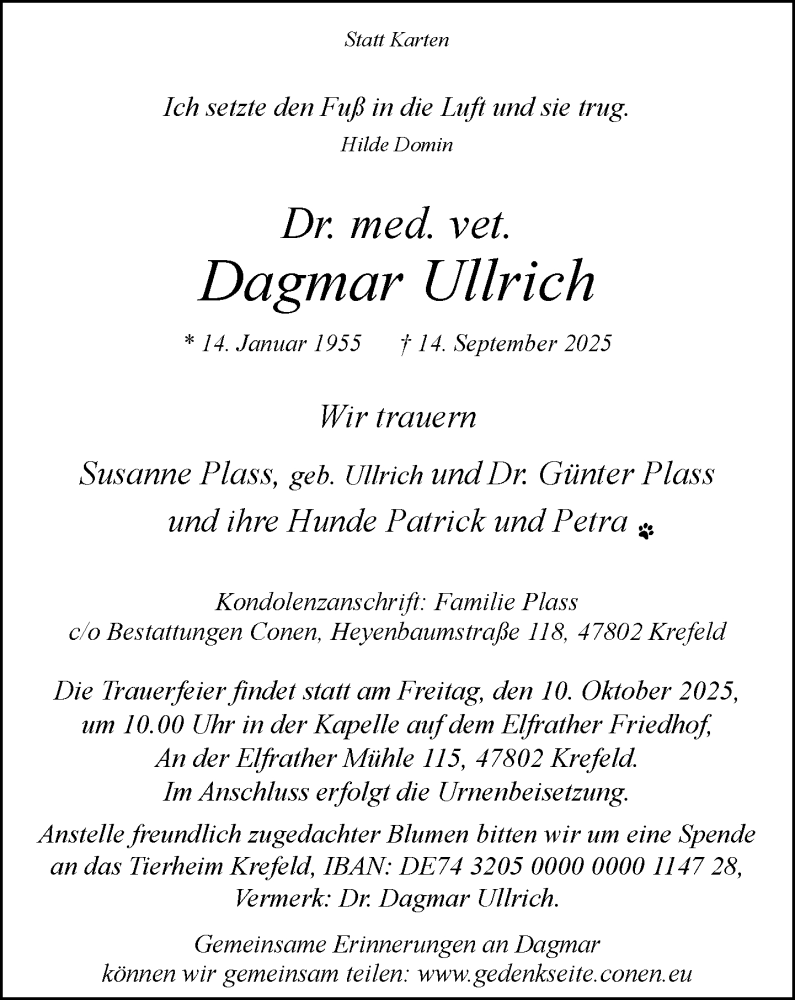  Traueranzeige für Dagmar Ullrich vom 27.09.2025 aus Rheinische Post