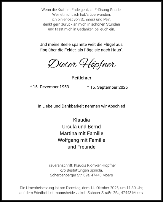 Traueranzeige von Dieter Höpfner von Rheinische Post