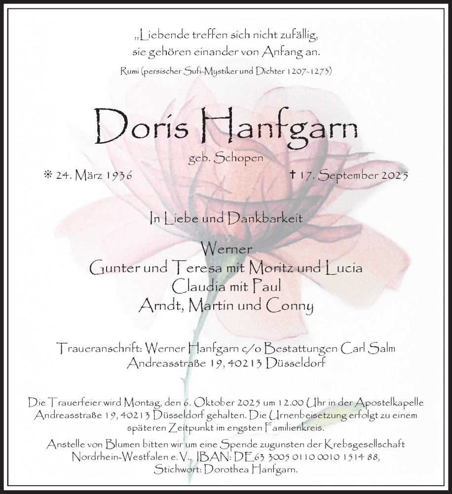  Traueranzeige für Doris Hanfgarn vom 27.09.2025 aus Rheinische Post