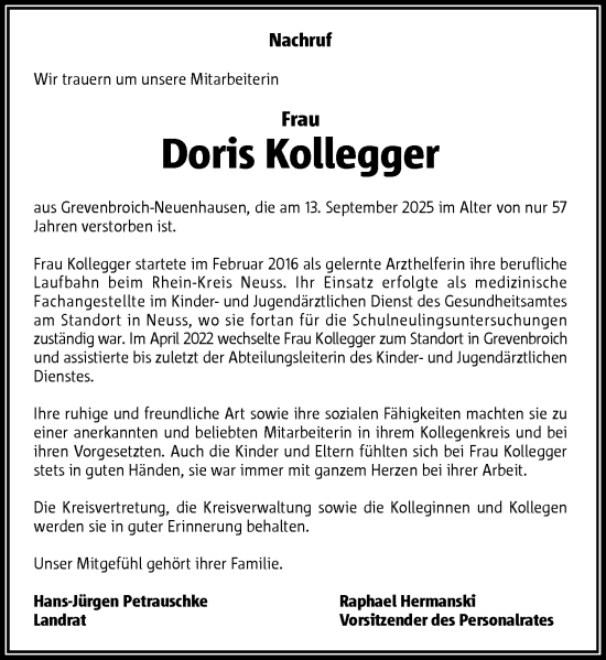 Traueranzeige von Doris Kollegger von Rheinische Post
