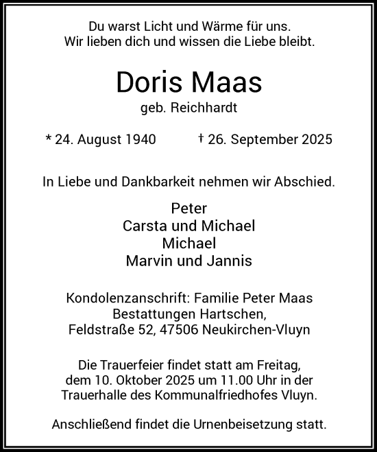 Traueranzeige von Doris Maas von Rheinische Post