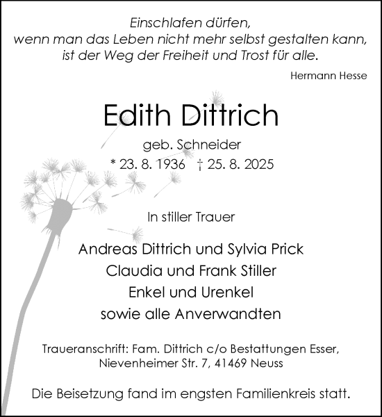 Traueranzeige von Edith Dittrich von Rheinische Post