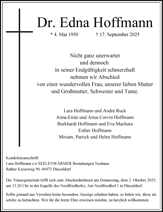 Traueranzeige von Edna Hoffmann von Rheinische Post