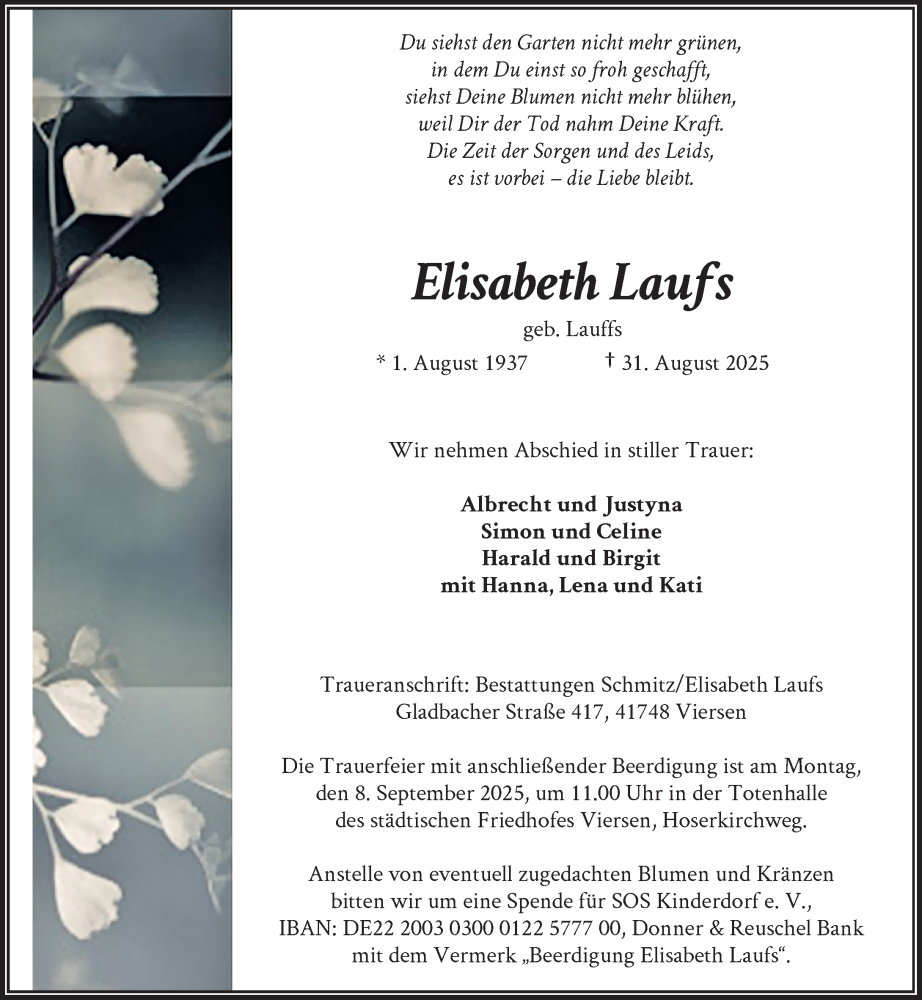  Traueranzeige für Elisabeth Laufs vom 06.09.2025 aus Rheinische Post