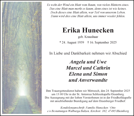 Traueranzeige von Erika Hunecken von Rheinische Post