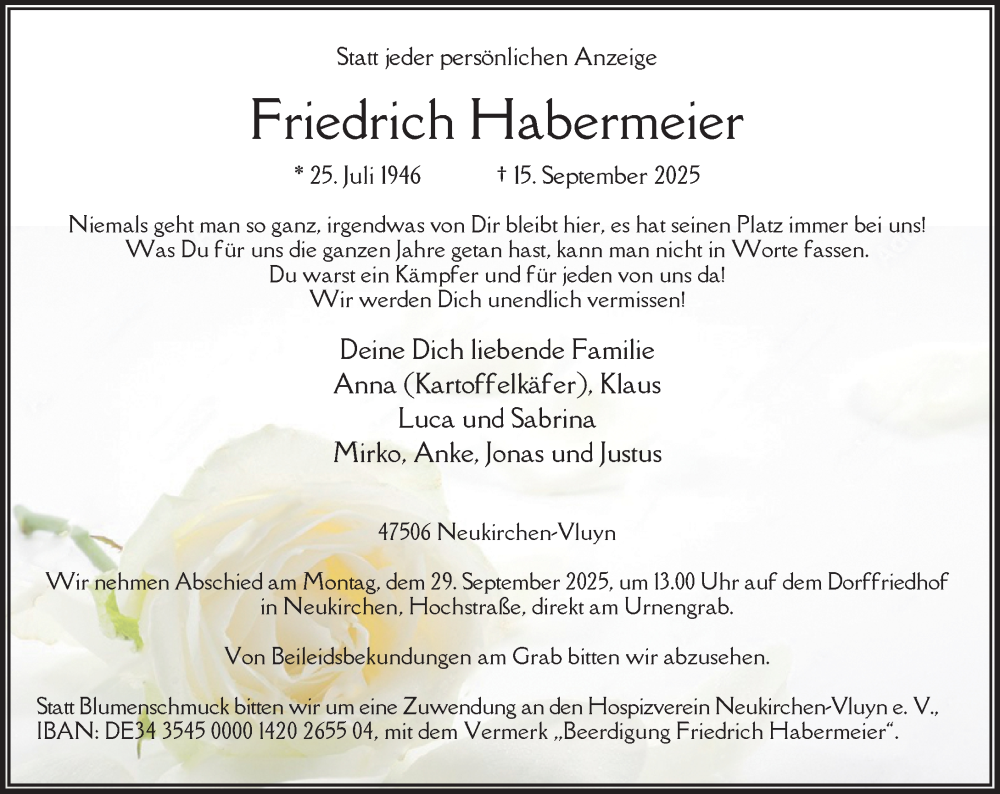  Traueranzeige für Friedrich Habermeier vom 20.09.2025 aus Rheinische Post