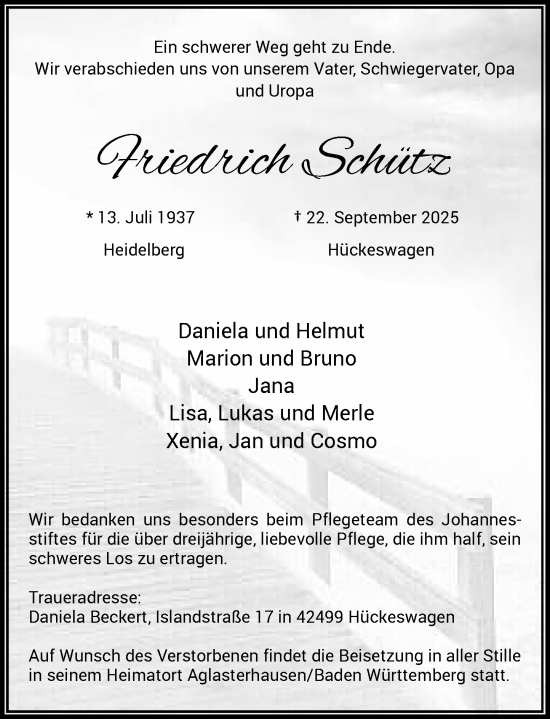 Traueranzeige von Friedrich Schütz von Rheinische Post