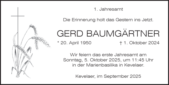 Traueranzeige von Gerd Baumgärtner von Rheinische Post