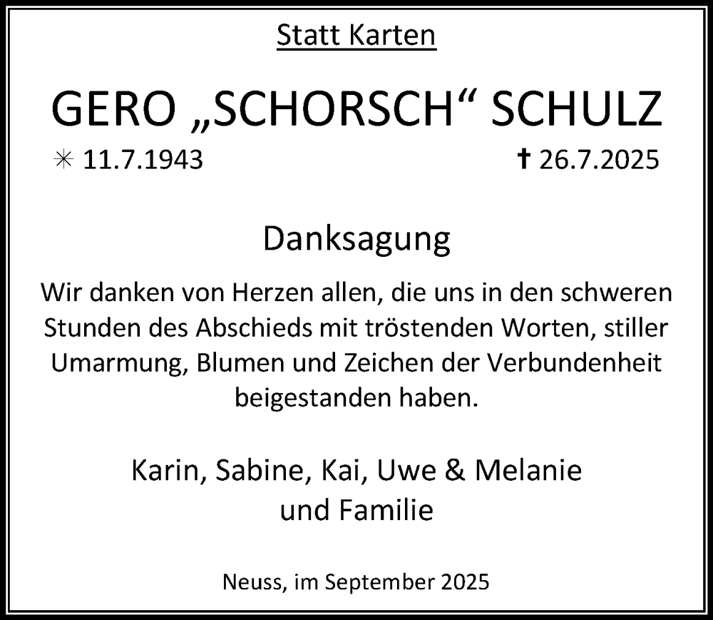  Traueranzeige für Gero Schulz vom 06.09.2025 aus Rheinische Post