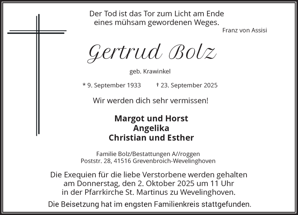  Traueranzeige für Gertrud Bolz vom 27.09.2025 aus Rheinische Post