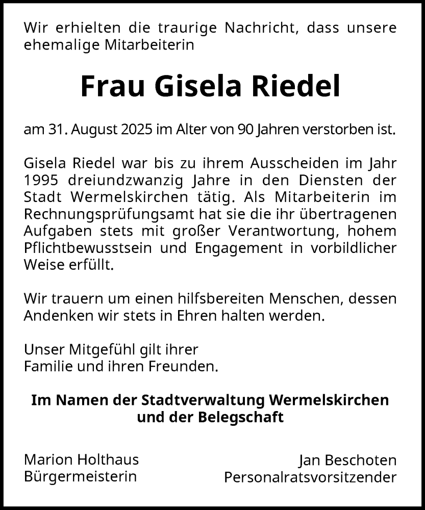  Traueranzeige für Gisela Riedel vom 24.09.2025 aus Rheinische Post