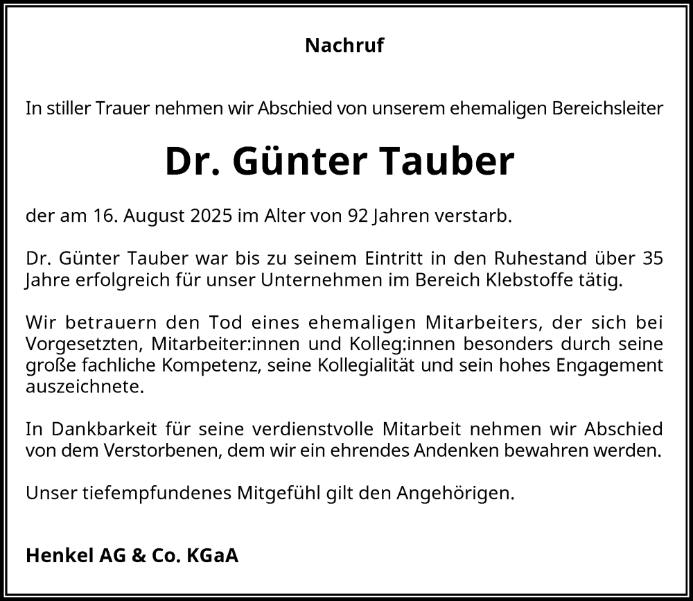  Traueranzeige für Günter Tauber vom 06.09.2025 aus Rheinische Post