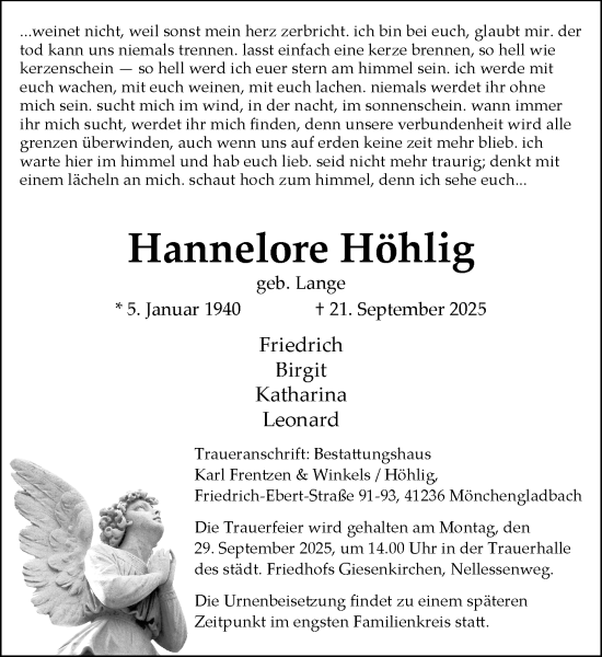 Traueranzeige von Hannelore Höhlig von Rheinische Post