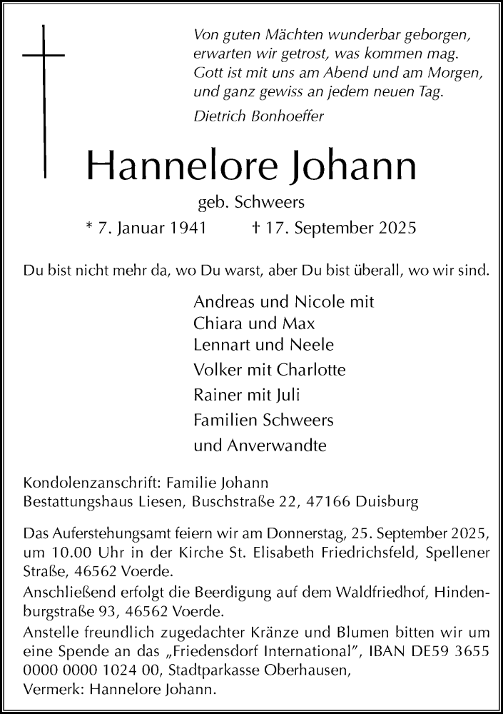  Traueranzeige für Hannelore Johann vom 20.09.2025 aus Rheinische Post